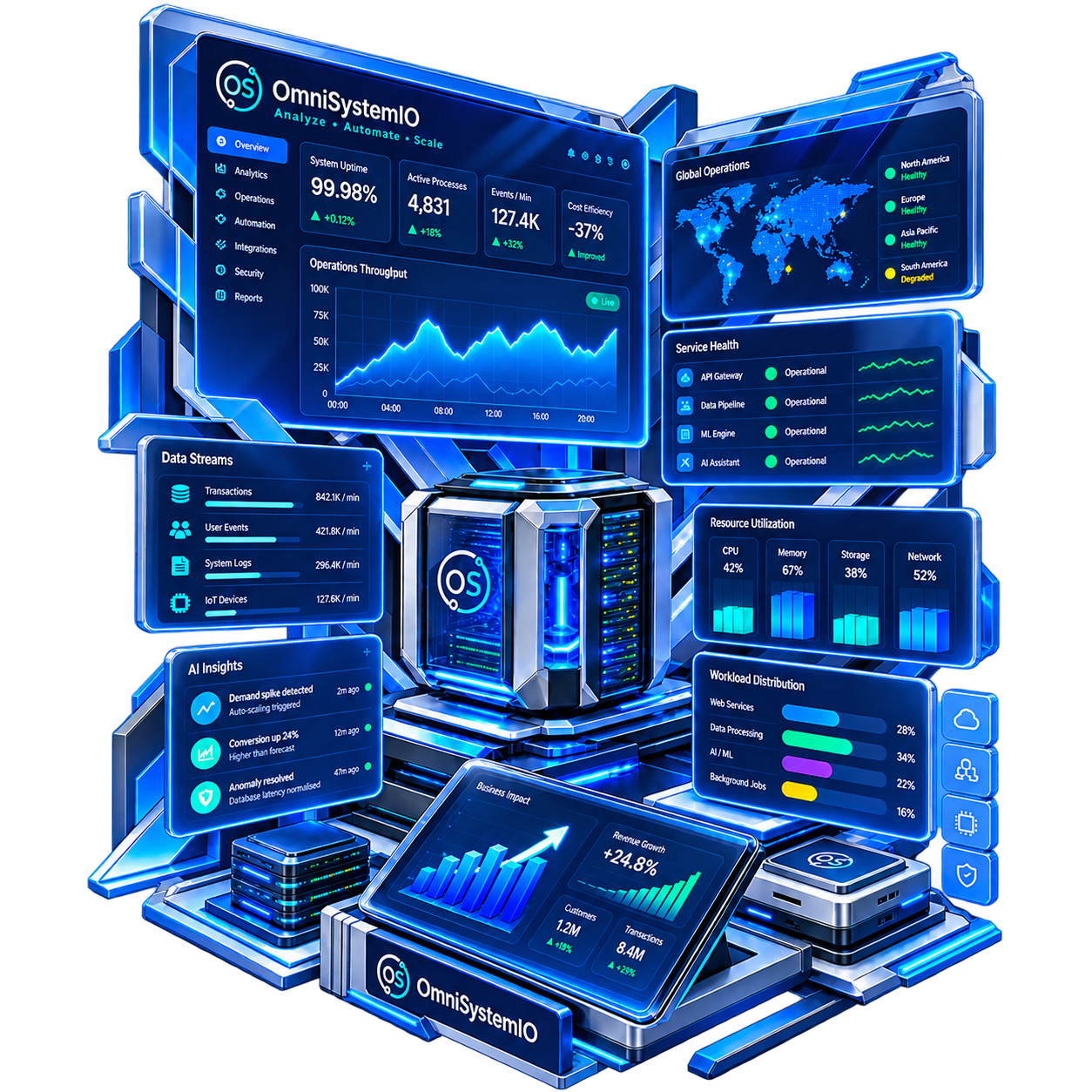 Connected infrastructure dashboard showing system health, data streams and operational performance